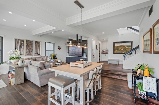 45 Northampton Ct, Newport Beach, CA 92660 - dining area with recessed lighting, dark wood finished floors, crown molding, beam ceiling, and baseboards
