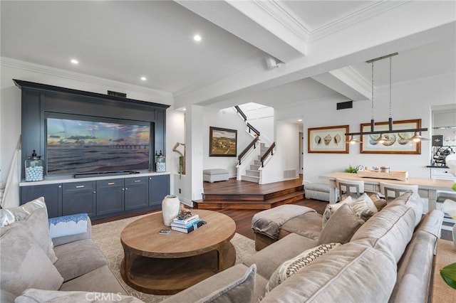 45 Northampton Ct, Newport Beach, CA 92660 - living room with wood finished floors, stairs, recessed lighting, and crown molding