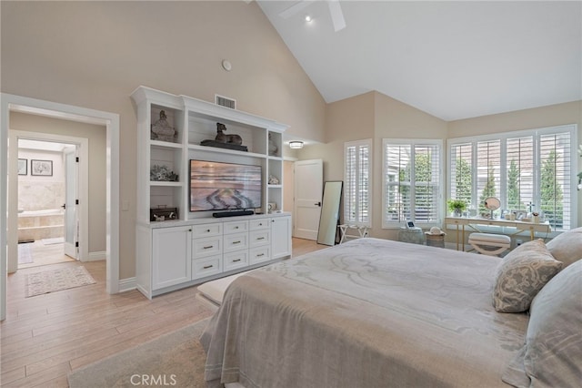 45 Northampton Ct, Newport Beach, CA 92660 - bedroom with light wood finished floors, high vaulted ceiling, baseboards, and recessed lighting