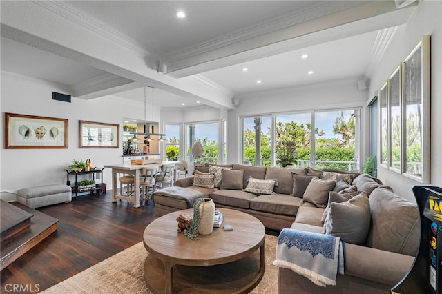 45 Northampton Ct, Newport Beach, CA 92660 - living area with recessed lighting, wood finished floors, ornamental molding, and beam ceiling