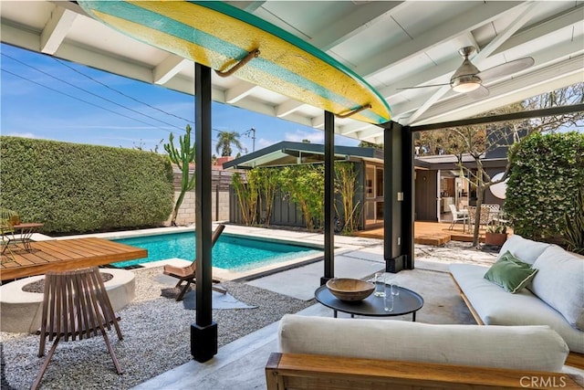 3137 Lees Ave, Long Beach, CA 90808 - view of swimming pool featuring a patio, ceiling fan, outdoor lounge area, and a fenced backyard
