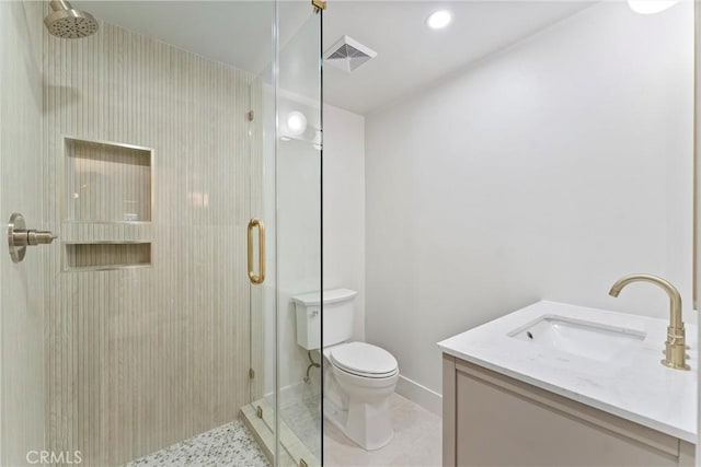 420 W Bennett Ave, Glendora, CA 91741 - bathroom with a shower stall, vanity, toilet, tile patterned floors, and recessed lighting
