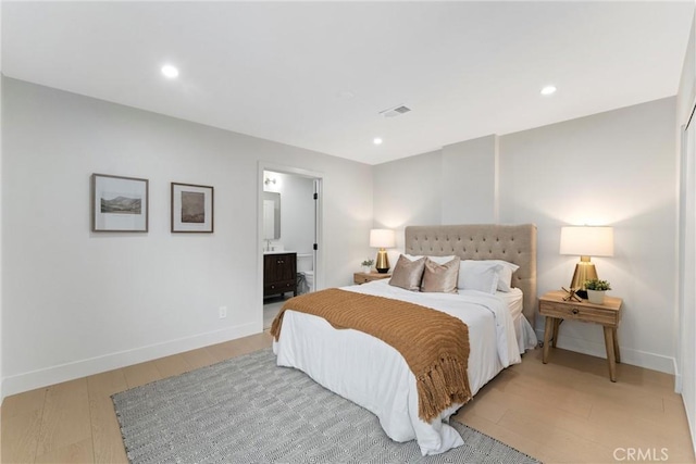 420 W Bennett Ave, Glendora, CA 91741 - bedroom with light wood-type flooring, baseboards, recessed lighting, and connected bathroom