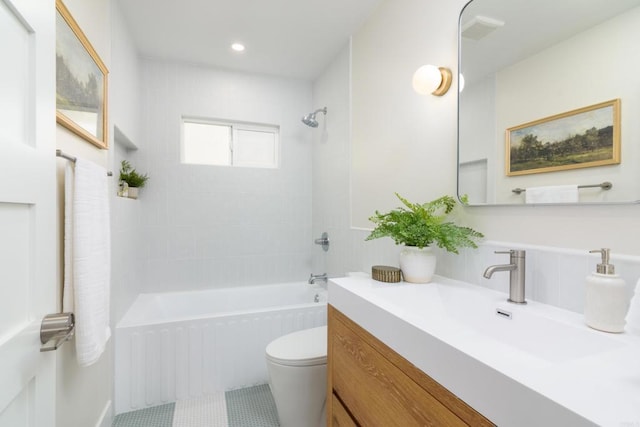 bathroom featuring toilet, shower / bathtub combination, vanity, tile patterned floors, and recessed lighting