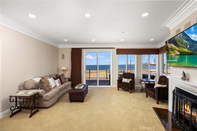 1400 E Ocean Blvd Unit 1201, Long Beach, CA 90802 - living room featuring light carpet, a fireplace, crown molding, recessed lighting, and baseboards