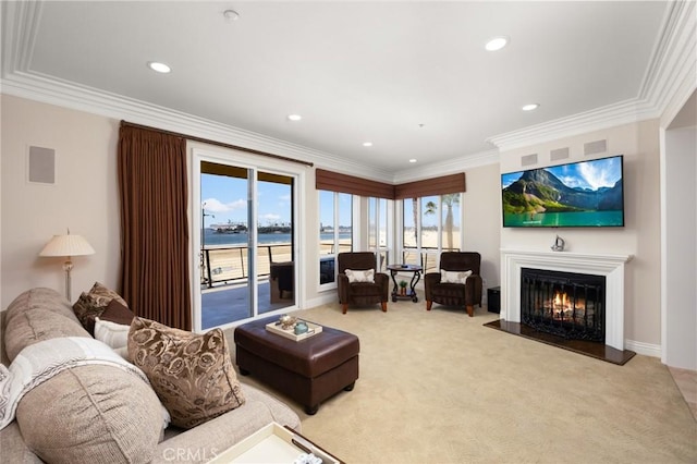 1400 E Ocean Blvd Unit 1201, Long Beach, CA 90802 - carpeted living room featuring a glass covered fireplace, recessed lighting, and crown molding