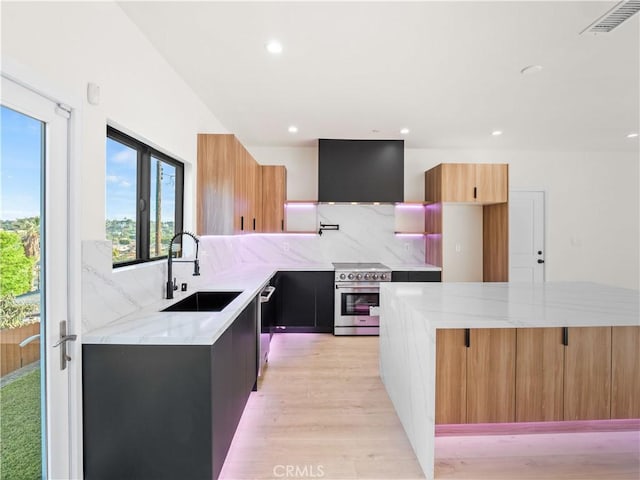 3810 Locke Ave, Los Angeles, CA 90032 - kitchen featuring appliances with stainless steel finishes, a sink, modern cabinets, decorative backsplash, and extractor fan