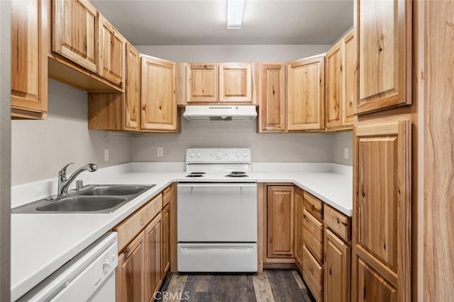 1256 Warner St, Chico, CA 95926 - kitchen featuring white appliances, under cabinet range hood, a sink, dark wood finished floors, and light brown cabinets