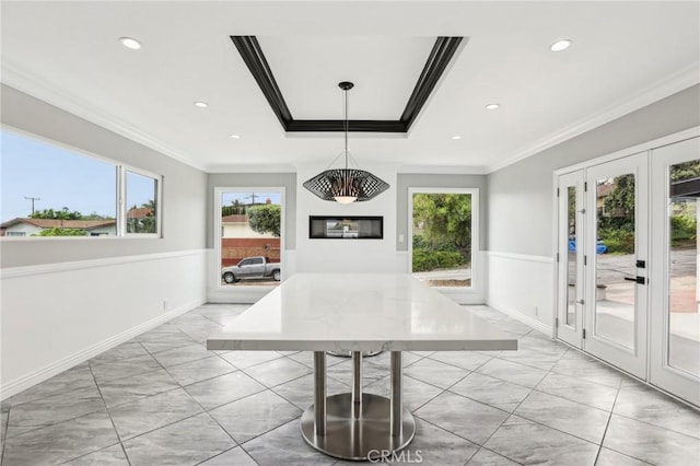 2105 Noble View Dr, Rancho Palos Verdes, CA 90275 - dining space with ornamental molding, healthy amount of natural light, light marble finish flooring, wainscoting, and french doors
