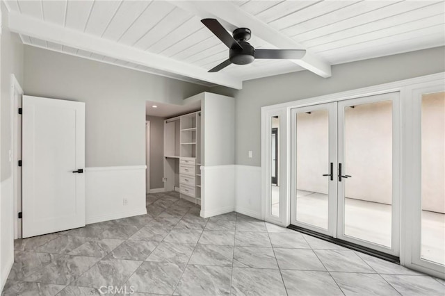 2105 Noble View Dr, Rancho Palos Verdes, CA 90275 - unfurnished bedroom with beam ceiling, access to exterior, french doors, wooden ceiling, and a ceiling fan
