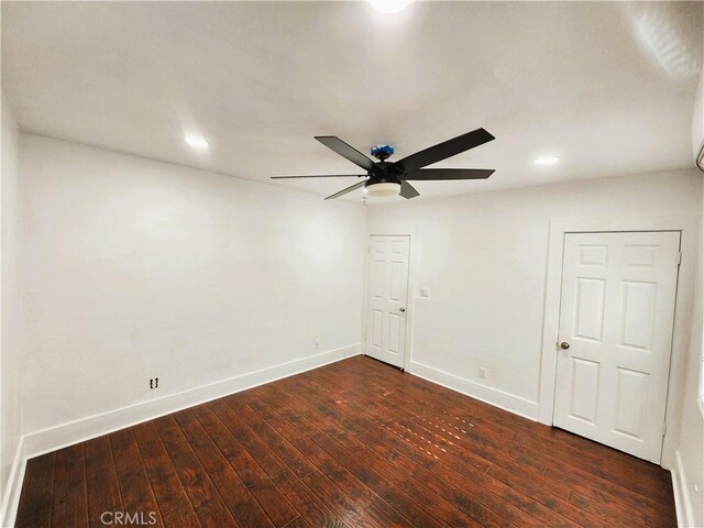 1210 W Manchester Ave, Los Angeles, CA 90044 - unfurnished room featuring a ceiling fan, baseboards, dark wood-style floors, and recessed lighting