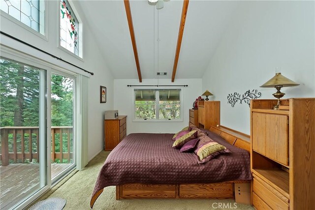 26349 Walnut Hills Dr, Lake Arrowhead, CA 92391 - bedroom featuring multiple windows, access to exterior, high vaulted ceiling, beam ceiling, and light colored carpet