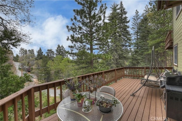 26349 Walnut Hills Dr, Lake Arrowhead, CA 92391 - wooden terrace with outdoor dining space and area for grilling