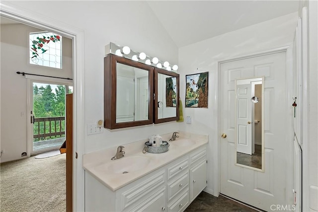 26349 Walnut Hills Dr, Lake Arrowhead, CA 92391 - full bathroom featuring lofted ceiling and double vanity