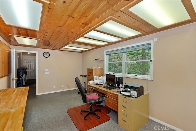 26349 Walnut Hills Dr, Lake Arrowhead, CA 92391 - office with carpet floors, baseboards, and wooden ceiling