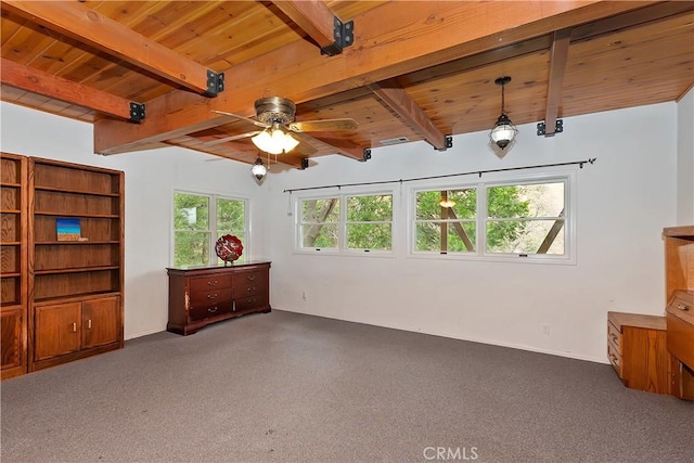26349 Walnut Hills Dr, Lake Arrowhead, CA 92391 - carpeted spare room with wood ceiling with exposed beams and ceiling fan