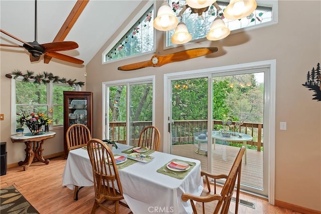 26349 Walnut Hills Dr, Lake Arrowhead, CA 92391 - dining room with high vaulted ceiling, a ceiling fan, light wood-style floors, healthy amount of natural light, and baseboards