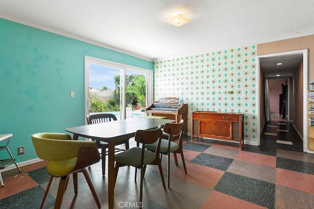 6072 Navajo Rd, Westminster, CA 92683 - dining area featuring ornamental molding, wallpapered walls, baseboards, and tile patterned floors