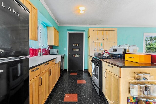 6072 Navajo Rd, Westminster, CA 92683 - kitchen with black appliances, ornamental molding, light brown cabinets, dark floors, and dark countertops