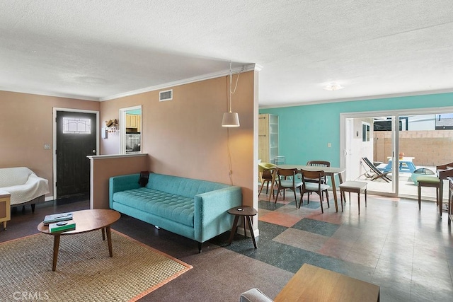 6072 Navajo Rd, Westminster, CA 92683 - living room with a textured ceiling and crown molding