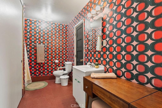 6072 Navajo Rd, Westminster, CA 92683 - bathroom with wallpapered walls, tile patterned floors, toilet, and vanity