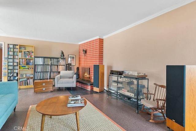 6072 Navajo Rd, Westminster, CA 92683 - living area featuring a brick fireplace and ornamental molding