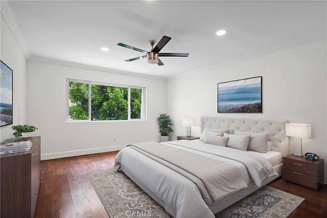 bedroom featuring baseboards, dark wood finished floors, ornamental molding, recessed lighting, and ceiling fan