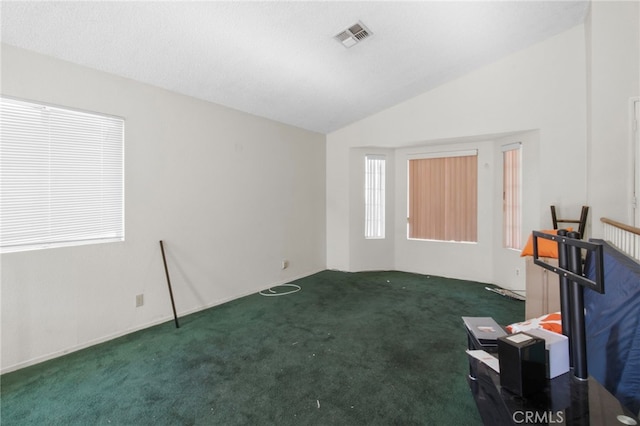 spare room with carpet and lofted ceiling
