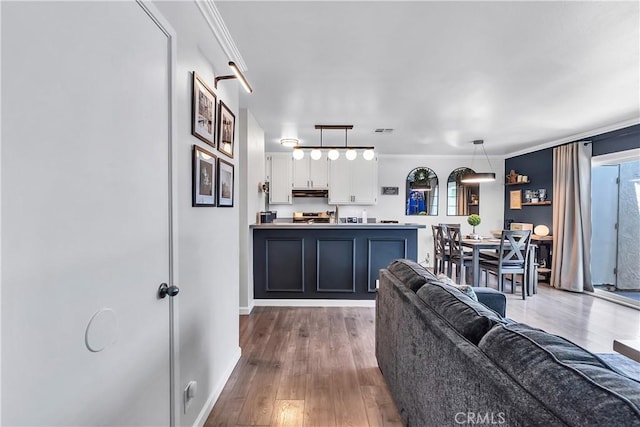 living room featuring wood finished floors, ornamental molding, healthy amount of natural light, and baseboards