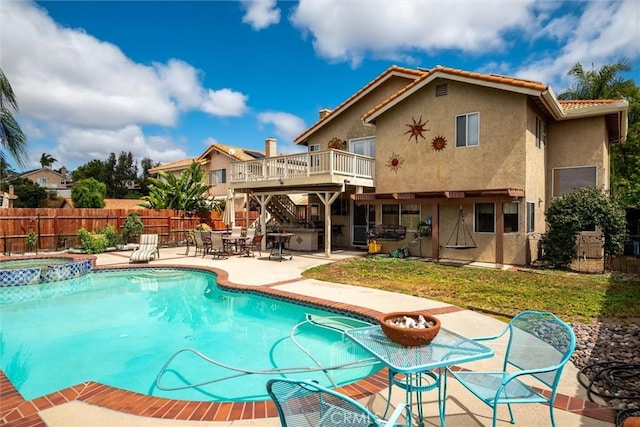 39680 Glenwood Ct, Murrieta, CA 92563 - view of swimming pool featuring fence, a patio, stairs, a deck, and a pool with connected hot tub