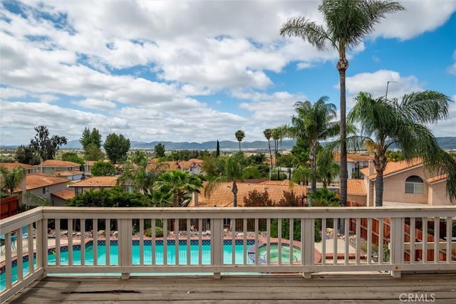 39680 Glenwood Ct, Murrieta, CA 92563 - wooden deck with a community pool, a residential view, and a mountain view