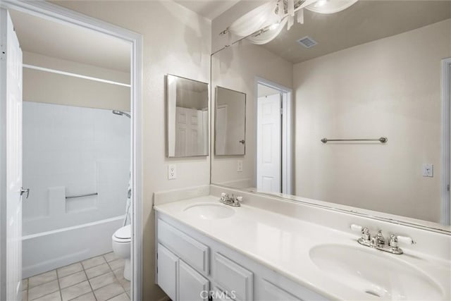 39680 Glenwood Ct, Murrieta, CA 92563 - bathroom with toilet, double vanity, tile patterned floors, a ceiling fan, and shower / tub combo with curtain