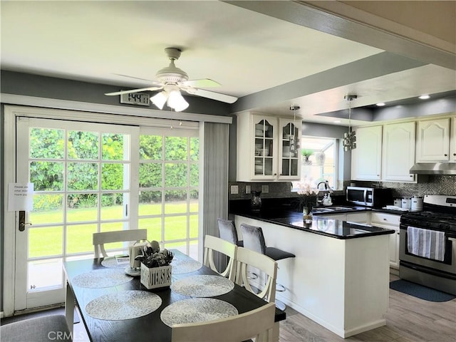 17027 Simonds St, Granada Hills, CA 91344 - kitchen featuring appliances with stainless steel finishes, a peninsula, dark countertops, backsplash, and under cabinet range hood
