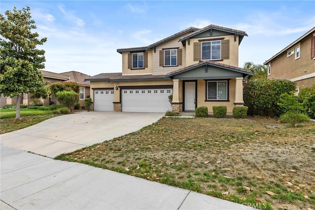 29221 Loden Cir, Menifee, CA 92584 - view of front facade featuring stucco siding, concrete driveway, a garage, and covered porch