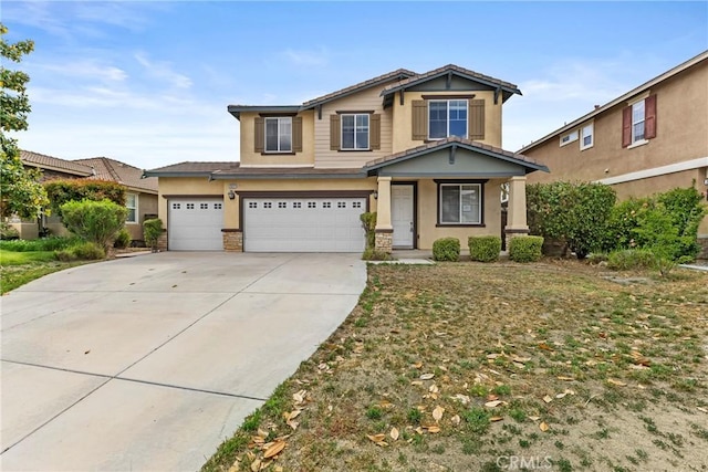 29221 Loden Cir, Menifee, CA 92584 - craftsman-style home with stucco siding, driveway, a porch, and an attached garage