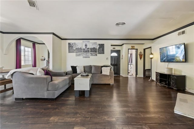 7045 Varna Ave, North Hollywood, CA 91605 - living room with ornamental molding, wood finished floors, arched walkways, and baseboards