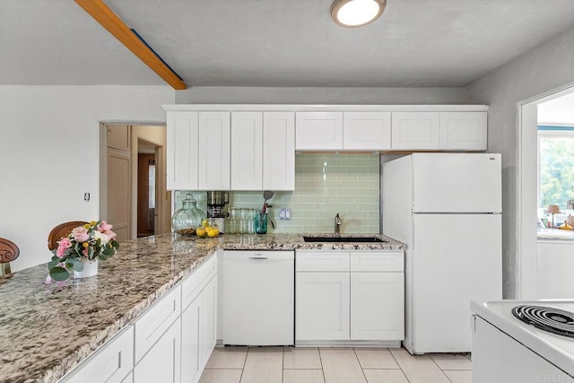 2163 Gracey Ln, Fallbrook, CA 92028 - kitchen featuring a sink, white appliances, white cabinets, light stone counters, and tasteful backsplash