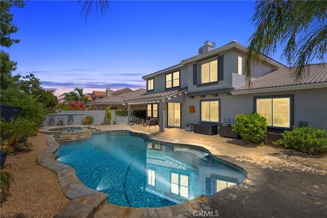 32840 Northshire Cir, Temecula, CA 92592 - back of house featuring stucco siding, a patio, a chimney, a tile roof, and a fenced backyard