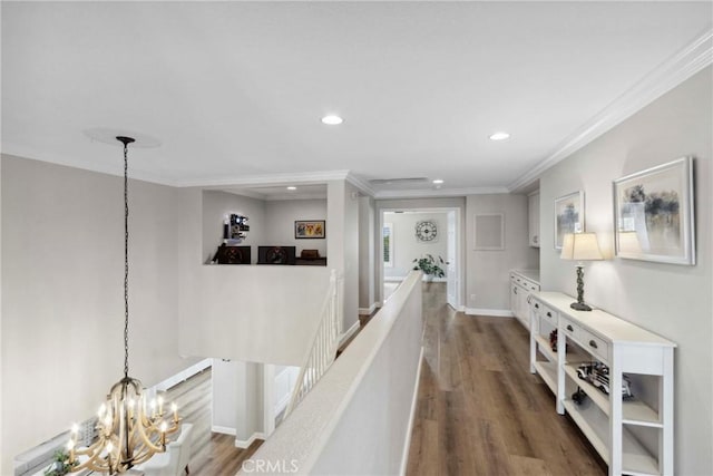 32840 Northshire Cir, Temecula, CA 92592 - hallway with a chandelier, recessed lighting, an upstairs landing, dark wood-style floors, and ornamental molding