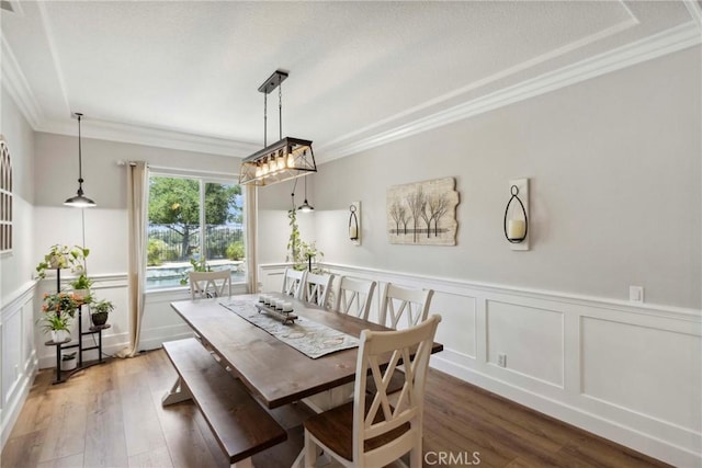 32840 Northshire Cir, Temecula, CA 92592 - dining room featuring crown molding, a decorative wall, wood finished floors, and a wainscoted wall