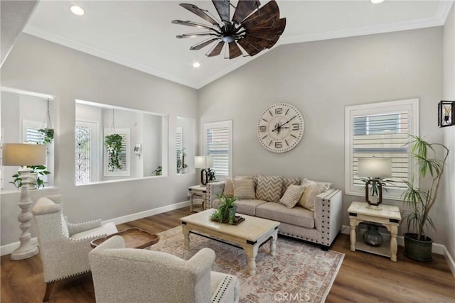 32840 Northshire Cir, Temecula, CA 92592 - living room featuring plenty of natural light, crown molding, wood finished floors, recessed lighting, and high vaulted ceiling