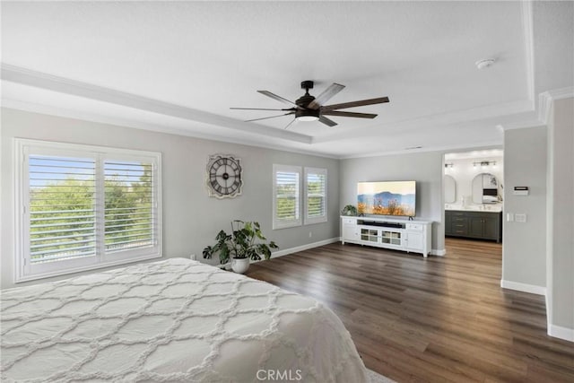 32840 Northshire Cir, Temecula, CA 92592 - bedroom featuring crown molding, dark wood-type flooring, a raised ceiling, connected bathroom, and ceiling fan