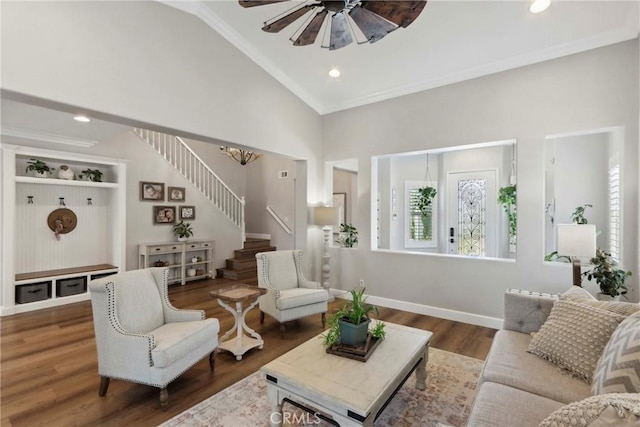 32840 Northshire Cir, Temecula, CA 92592 - living area with stairs, ornamental molding, ceiling fan, high vaulted ceiling, and wood finished floors