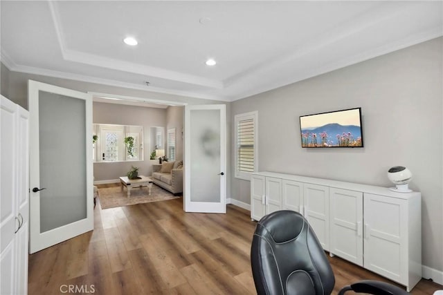 32840 Northshire Cir, Temecula, CA 92592 - office area featuring french doors, a raised ceiling, recessed lighting, wood finished floors, and ornamental molding