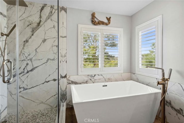 32840 Northshire Cir, Temecula, CA 92592 - full bathroom featuring tile walls, a marble finish shower, and a freestanding bath