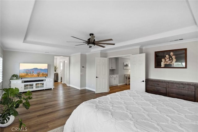32840 Northshire Cir, Temecula, CA 92592 - bedroom with crown molding, wood finished floors, a tray ceiling, and ceiling fan