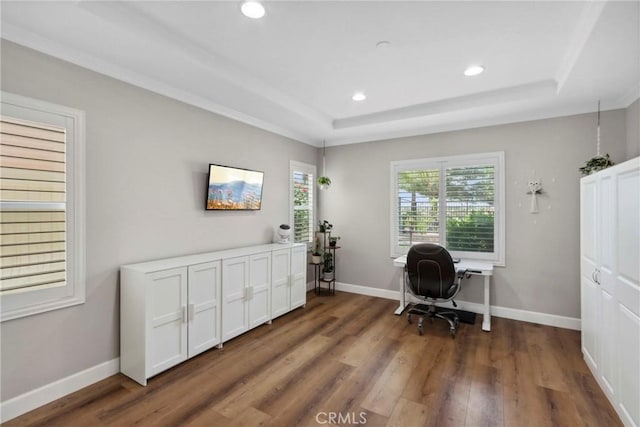 32840 Northshire Cir, Temecula, CA 92592 - office with wood finished floors, recessed lighting, and a tray ceiling