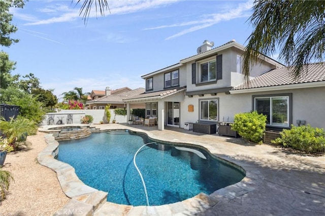 32840 Northshire Cir, Temecula, CA 92592 - view of swimming pool featuring a fenced backyard, a patio, an outdoor hangout area, and a pool with connected hot tub