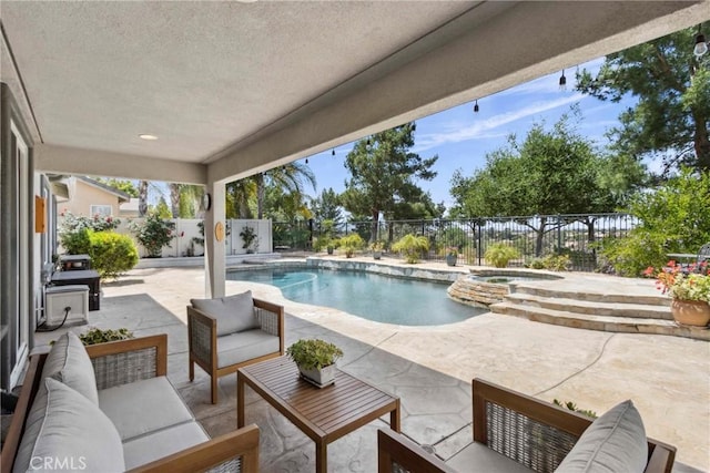 32840 Northshire Cir, Temecula, CA 92592 - view of swimming pool featuring a fenced backyard, a patio area, outdoor lounge area, and a pool with connected hot tub