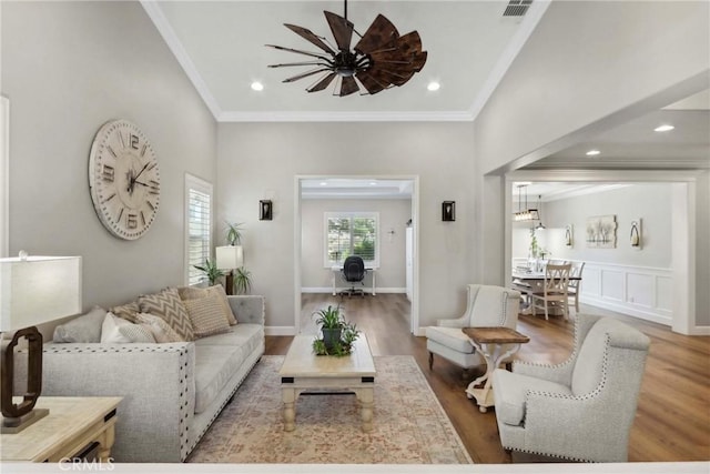 32840 Northshire Cir, Temecula, CA 92592 - living room featuring crown molding, wood finished floors, a ceiling fan, and recessed lighting